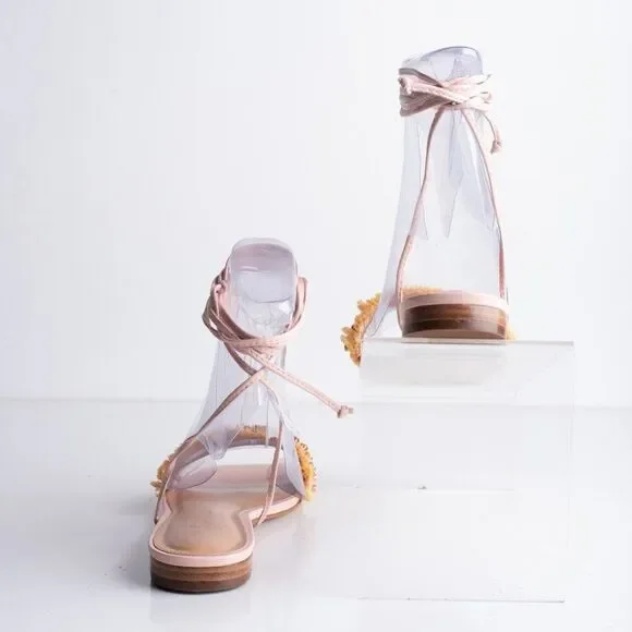 Anthropologie Embellished Tie Up Raffia Sandals Pink Rose EU 36 US 6 New - Picture 6 of 10